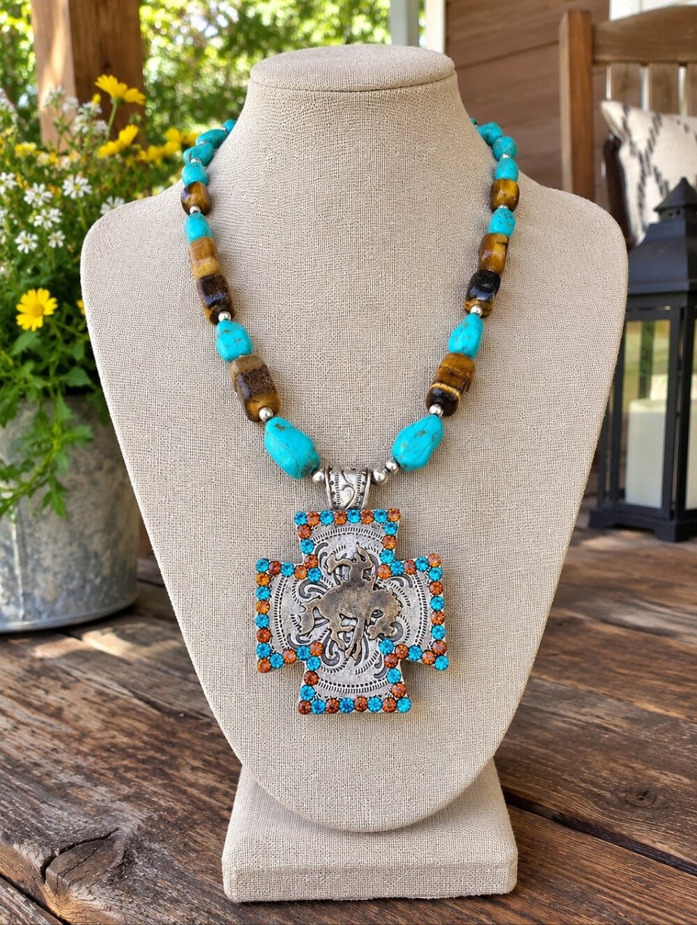 Southwestern Turquoise Stone  and Tiger Eye Beaded Cross Pendant Necklace